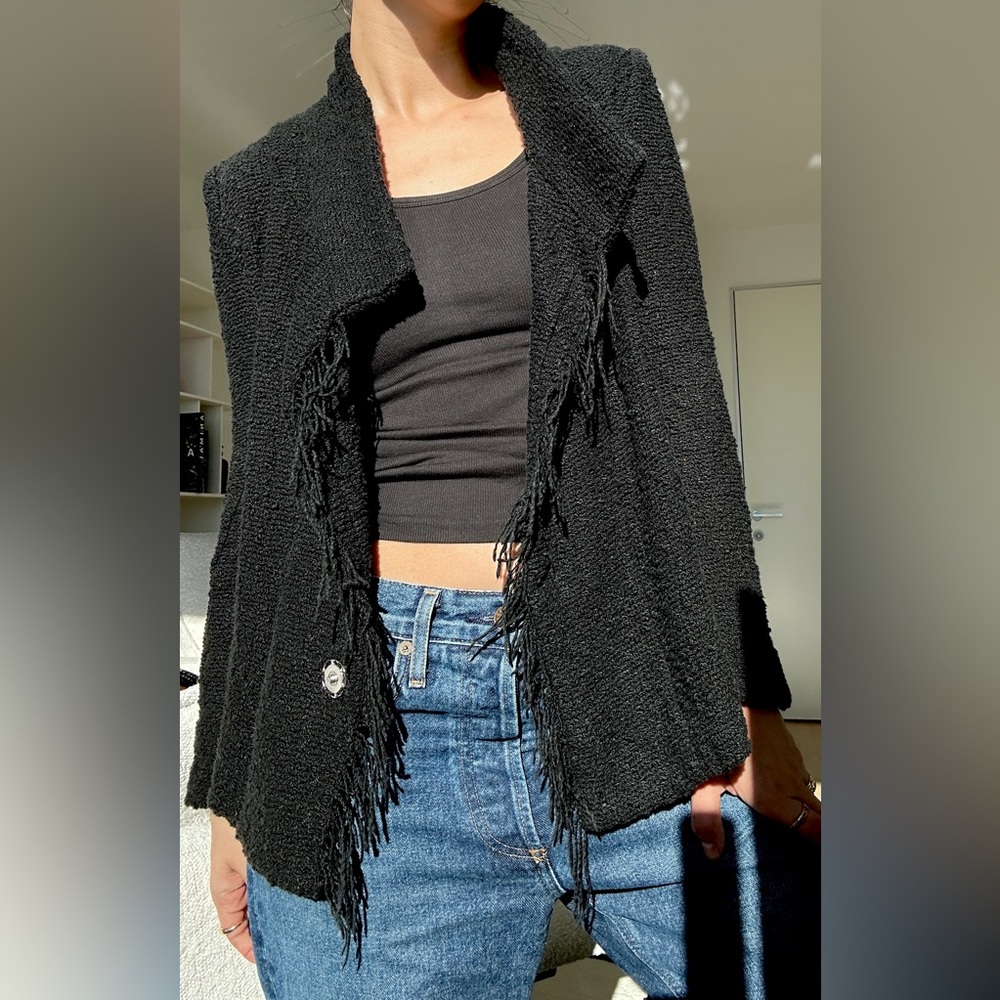 IRO black knit blazer jacket with fringe trim sz 2